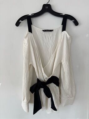 Zara Cream Wrap Blouse with Black Waist Tie